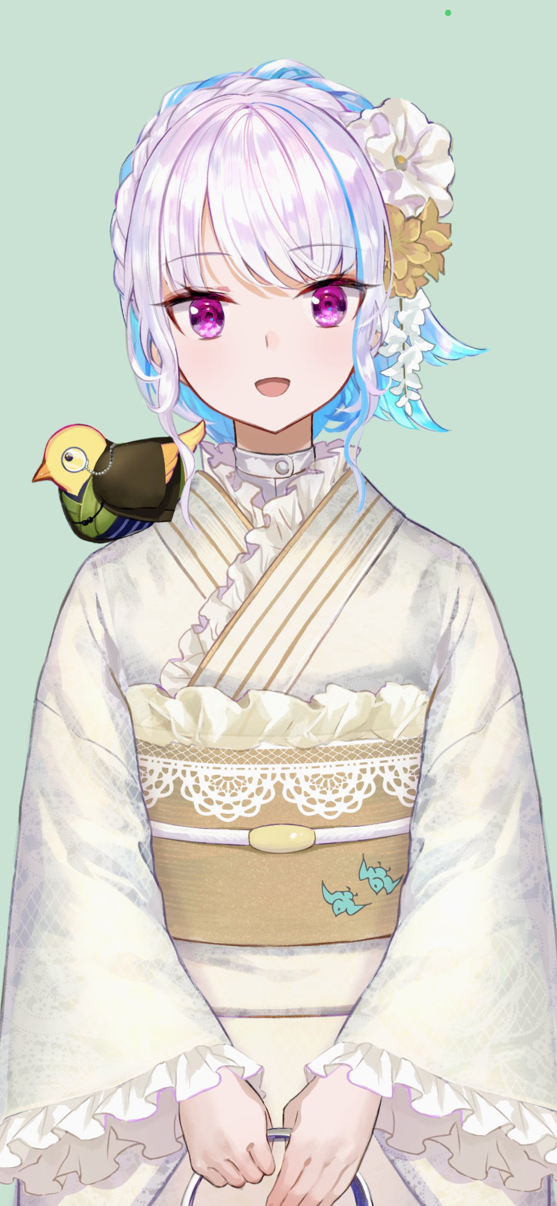1girl absurdres animal animal_on_shoulder animal_print bag bird bird_on_shoulder bird_print blue_hair braid brown_haori buttons chick clothed_animal colored_inner_hair commentary_request cowboy_shot crown_braid flower frilled_kimono frilled_sleeves frills fuzichoco green_background green_kimono grey_hair hair_flower hair_ornament handbag haori highres holding holding_bag japanese_clothes kanzashi kimono lize_helesta lize_helesta_(6th_costume) long_sleeves monocle monocle_chain multicolored_hair nijisanji obi official_art print_sash sash sebastian_piyodore shirt shirt_under_kimono sidelocks straight-on streaked_hair two-tone_hair v_arms virtual_youtuber wavy_hair white_flower white_kimono white_shirt