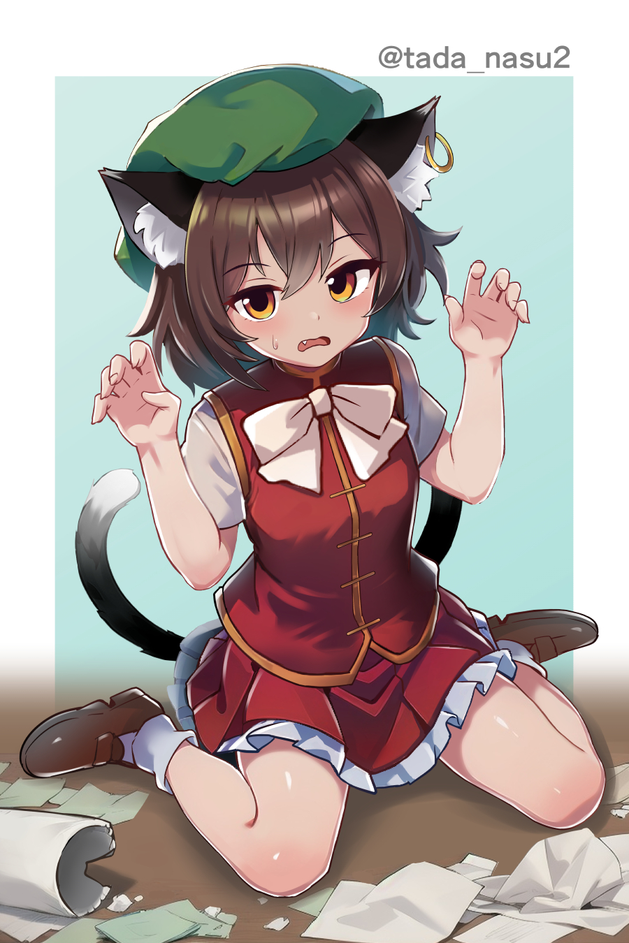 1girl animal_ear_fluff animal_ear_piercing animal_ears bow bowtie breasts brown_eyes brown_hair cat_ears cat_tail chen commentary_request earrings frills full_body gold_trim green_headwear hands_up hat highres jewelry looking_at_viewer mob_cap multiple_tails nekomata petticoat red_skirt red_vest short_hair short_sleeves single_earring sitting skirt skirt_set small_breasts solo tada_no_nasu tail touhou two_tails vest wariza white_bow white_bowtie