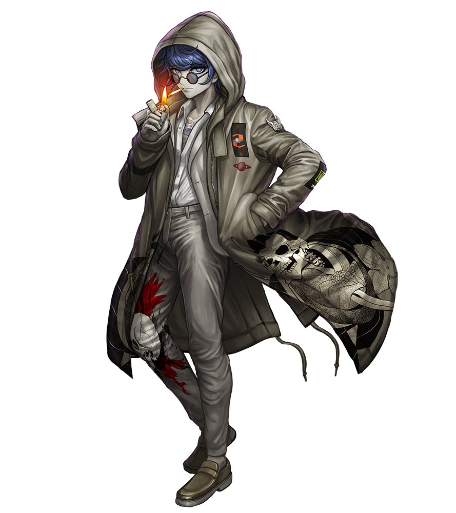 1boy blue_eyes blue_hair brown_coat brown_footwear chest_tattoo cigarette closed_mouth coat collared_shirt commentary_request eye_tattoo facial_hair fire full_body glasses hair_between_eyes hand_in_pocket hand_up holding holding_lighter hood hood_up hooded_coat komatsuzaki_rui lighter loafers long_sleeves looking_at_viewer male_focus master_detective_archives:_rain_code official_art pants print_coat print_pants round_eyewear second-party_source shirt shoes short_hair simple_background skeleton_print smoking solo standing stubble tattoo tinted_eyewear white_background white_shirt yakou_furio