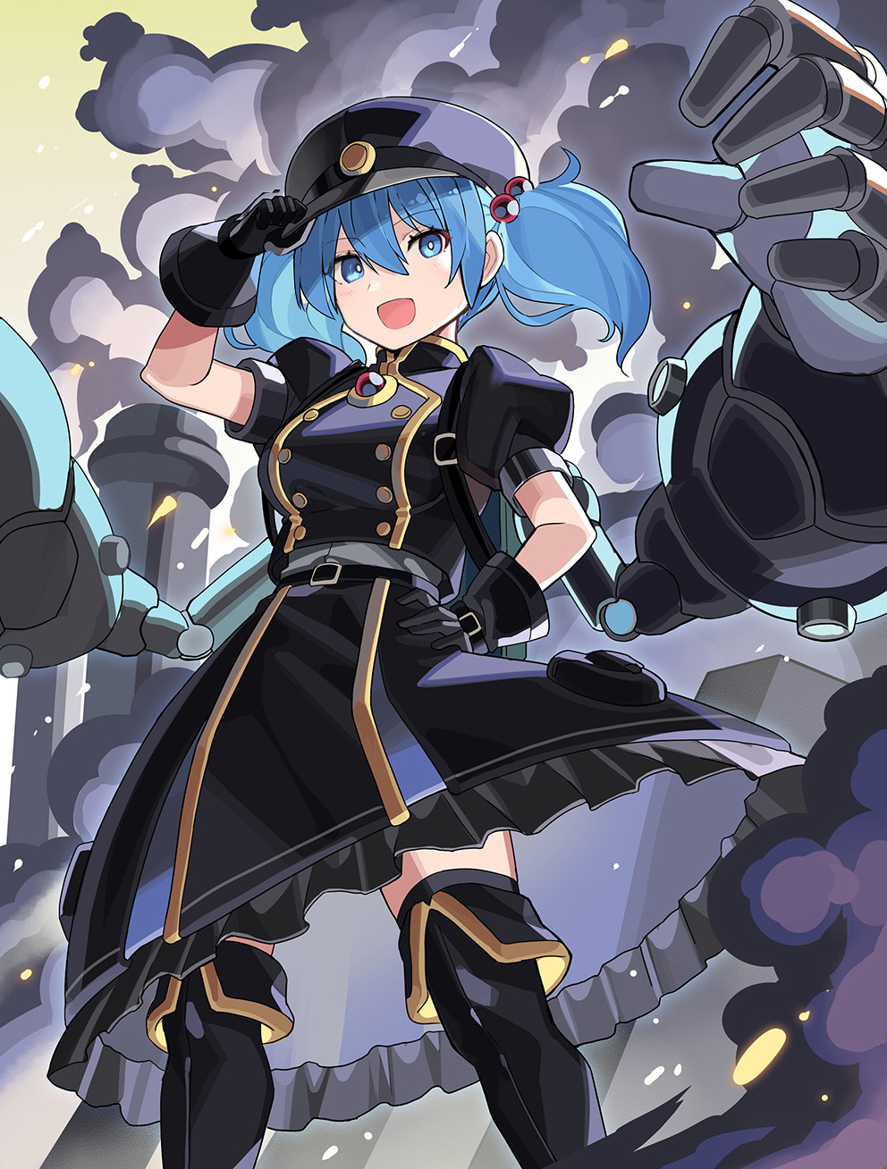 1girl :d alternate_costume black_gloves black_hat black_skirt black_thighhighs blue_eyes blue_hair boots commentary_request falken_(yutozin) gloves hair_bobbles hair_ornament hand_on_own_hip hat highres kawashiro_nitori looking_at_viewer open_mouth puffy_short_sleeves puffy_sleeves revision short_sleeves skirt smile solo standing thigh-highs thigh_boots touhou twintails