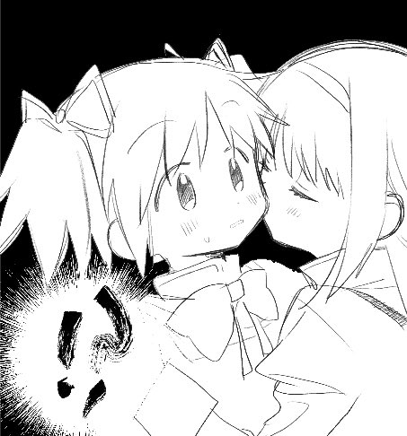 !? 2girls akemi_homura aoki_ume_(style) black_background blush_stickers bow bowtie closed_eyes collared_shirt commentary_request eyelashes greyscale hair_ribbon hairband hand_on_own_shoulder high_collar juliet_sleeves kaname_madoka long_hair long_sleeves lowres mahou_shoujo_madoka_magica mahou_shoujo_madoka_magica_(anime) mitakihara_school_uniform monochrome multiple_girls no+bi= open_mouth puffy_sleeves ribbon school_uniform shirt short_hair short_twintails simple_background surprised sweatdrop twintails upper_body yuri