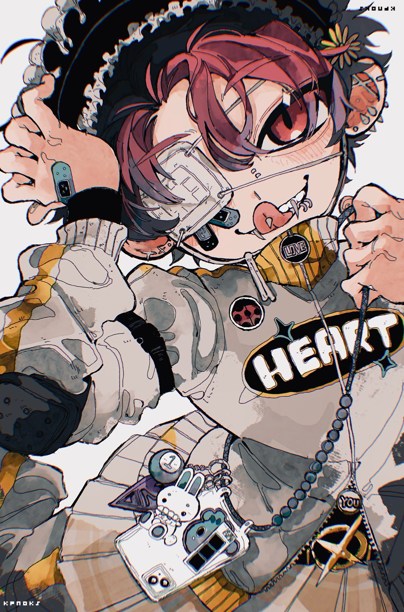 1boy bandaid bandaid_on_face cowboy_shot ear_piercing english_text eyepatch highres kpnoks male_focus medical_eyepatch original phone piercing red_eyes redhead simple_background solo tongue tongue_out white_background