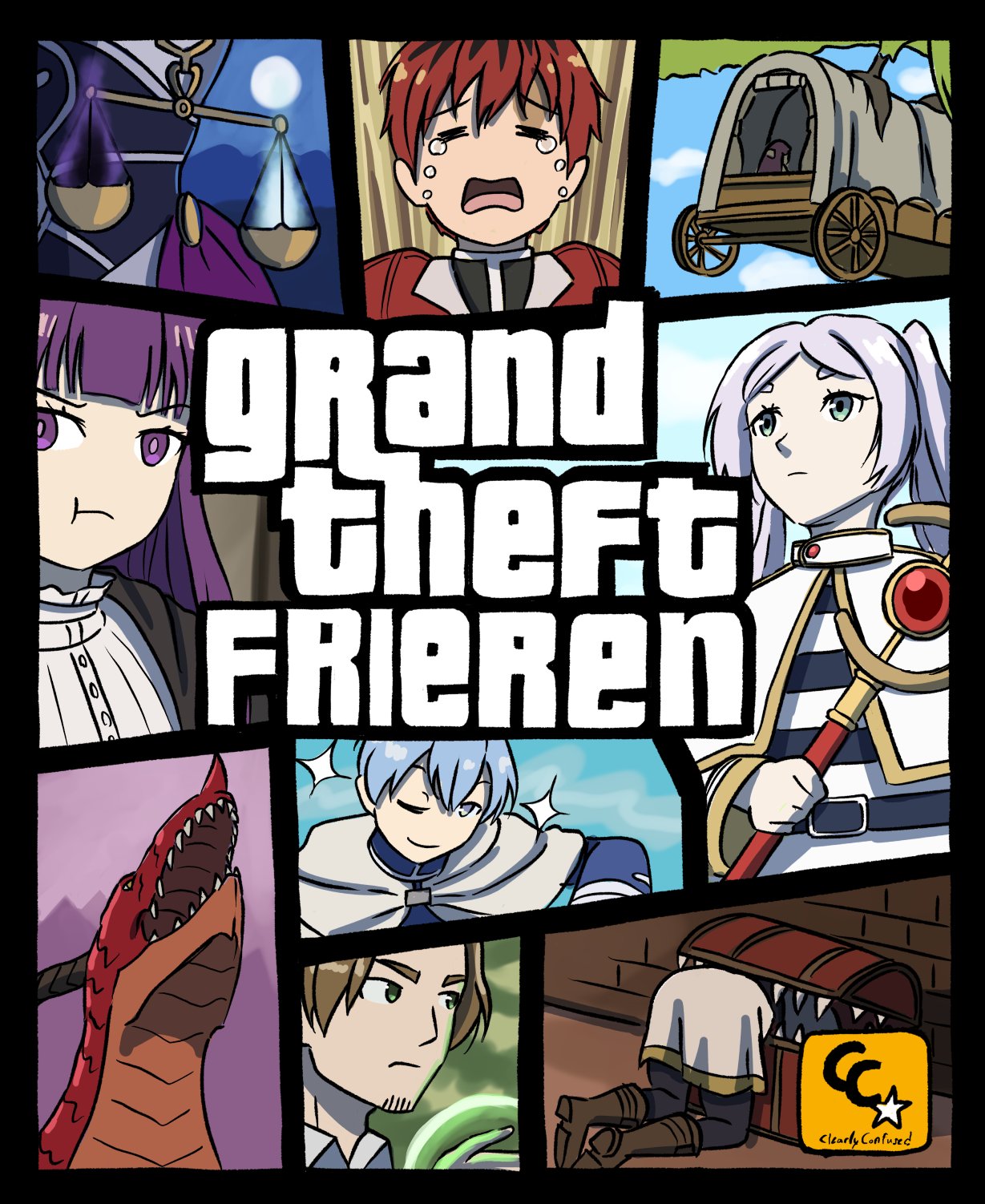 3boys 3girls =_= aura_(sousou_no_frieren) black_pantyhose boots box_art brown_footwear capelet carriage clearlyconfused commentary crying dragon english_commentary english_text fake_box_art fern_(sousou_no_frieren) frieren_stuck_in_a_mimic_(meme) grand_theft_auto highres himmel_(sousou_no_frieren) holding holding_staff long_hair looking_at_viewer mage_staff meme mimic mimic_chest multiple_boys multiple_girls one_eye_closed pantyhose pout purple_hair sein_(sousou_no_frieren) sharp_teeth shirt sousou_no_frieren sparkle staff stark_(sousou_no_frieren) striped_clothes striped_shirt teeth treasure_chest upper_body violet_eyes weighing_scale white_capelet