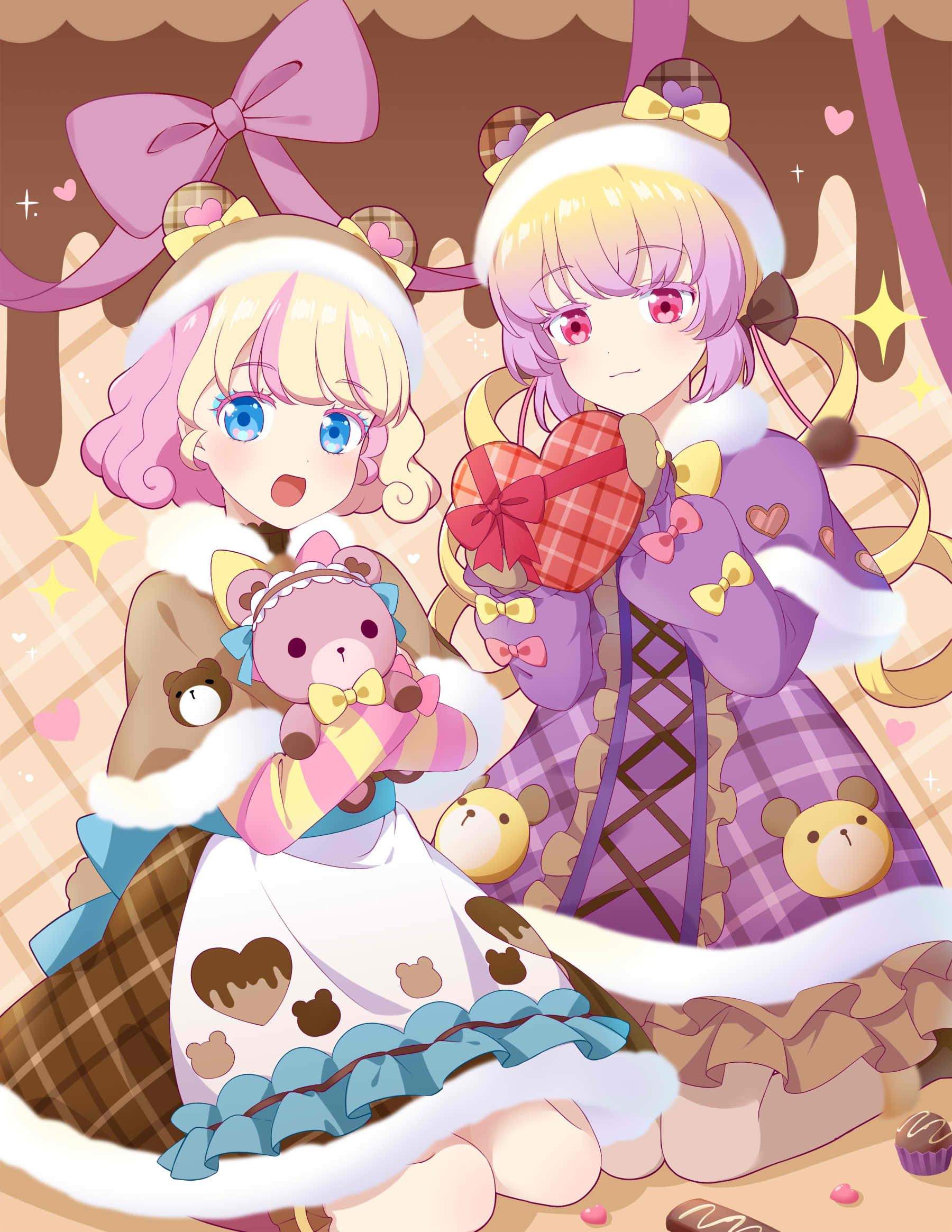 2girls :d amauri_miruki amauri_miruki_(primagista) animal_ears apron bear_ears blonde_hair blue_eyes bow box brown_capelet capelet chocolate closed_mouth colored_eyelashes commentary_request dress ebi_nana fake_animal_ears frilled_apron frills fur-trimmed_capelet fur-trimmed_dress fur_trim gift gift_box gradient_hair hair_bow hands_up hanitan hat heart heart-shaped_box highres holding holding_gift holding_stuffed_toy kneeling long_hair long_sleeves looking_at_viewer mittens multicolored_hair multiple_girls open_mouth pink_bow pink_eyes pink_hair pretty_series puffy_long_sleeves puffy_sleeves purple_capelet purple_hair short_hair smile streaked_hair stuffed_animal stuffed_toy teddy_bear valentine waccha_primagi! waccha_primagi!_studio white_apron yellow_bow