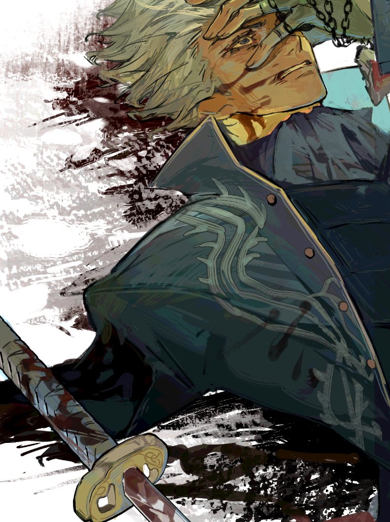 1boy blood blood_on_face blue_coat blue_eyes coat devil_may_cry_(series) devil_may_cry_3 feznda fingerless_gloves gloves hair_slicked_back jewelry male_focus necklace sheath solo torn_clothes vergil_(devil_may_cry) weapon white_hair yamato_(sword)