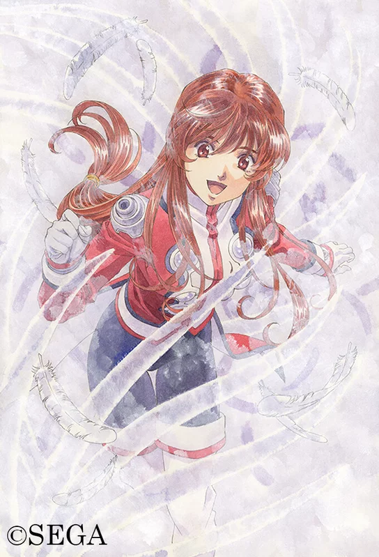 1990s_(style) 1girl black_pants boots brown_eyes buttons copyright_notice cowboy_shot cropped_legs double-breasted english_text feathers gloves hair_between_eyes hair_over_eyes happy jacket long_hair matsubara_hidenori military_uniform nose official_art open_eyes pants ponytail red_jacket retro_artstyle sakura_taisen sakura_taisen_iii second-party_source sega shadow simple_background smile solo solo_focus thigh_boots thigh_gap two-sided_tailcoat uniform white_feathers white_footwear white_gloves