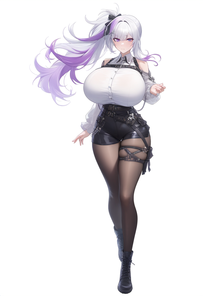 accessary ai-generated belt black_footwear breasts compression_clothes flower_ribbon highres huge_breasts huge_waist long_hair multicolored_hair non-web_source off_shoulder pantyhose shirt side_ponytail thigh_harness tight_shorts_pants two-tone_hair violet_eyes violet_hair white_hair white_shirt yushi