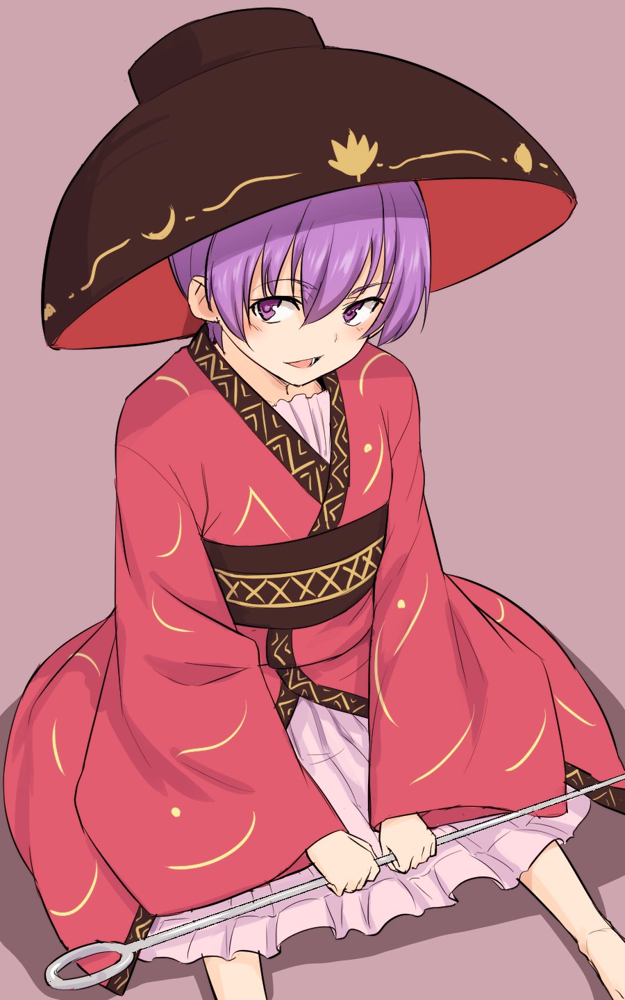 1girl bowl bowl_hat commentary hat highres japanese_clothes kakone kimono long_sleeves looking_at_viewer needle one-hour_drawing_challenge open_mouth purple_hair red_kimono sash short_hair simple_background sitting solo touhou violet_eyes wide_sleeves
