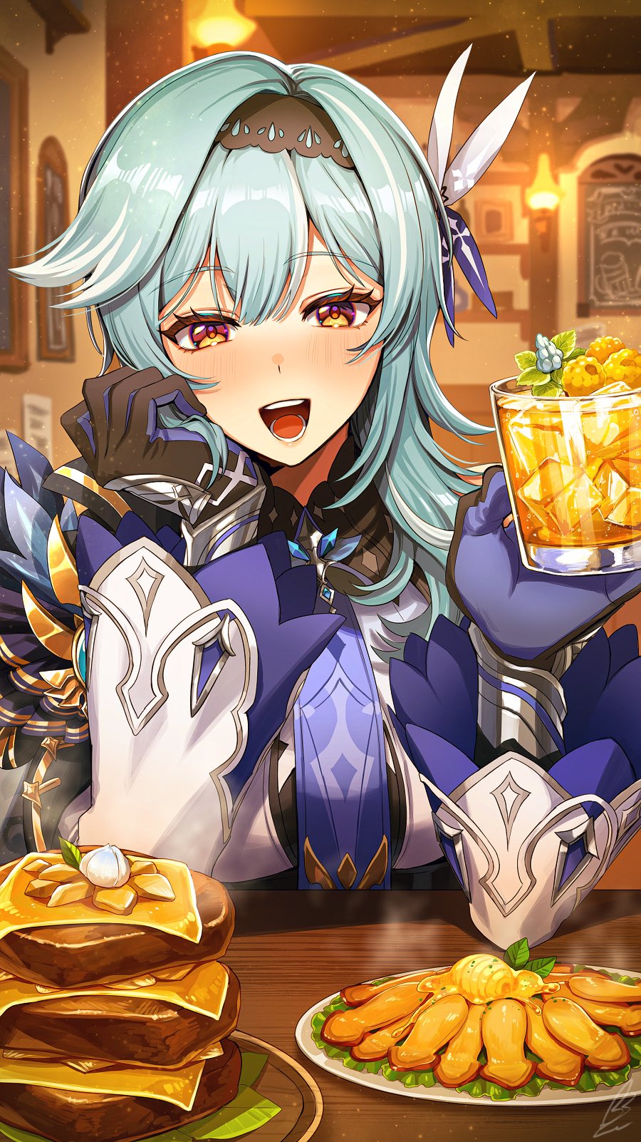 "pile_'em_up"_(genshin_impact) 1girl black_hairband blue_gloves blue_hair blue_necktie blush breasts cup drinking_glass drunk eula_(genshin_impact) food genshin_impact gloves hair_ornament hairband hands_up head_on_hand highres holding holding_cup indoors large_breasts looking_at_viewer medium_hair necktie open_mouth shibuki_kamone signature solo upper_body white_sleeves wide_sleeves yellow_eyes