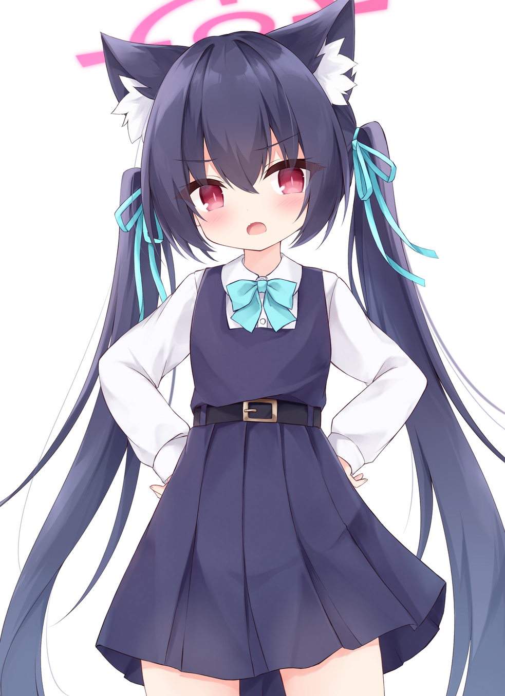 1girl animal_ears black_dress black_hair blue_archive bow bowtie copyright_request dress fox_ears girdle hair_ribbon hands_on_own_hips highres loli long_hair mochizuki_riku open_mouth red_eyes ribbon serika_(blue_archive) twintails very_long_hair white_background
