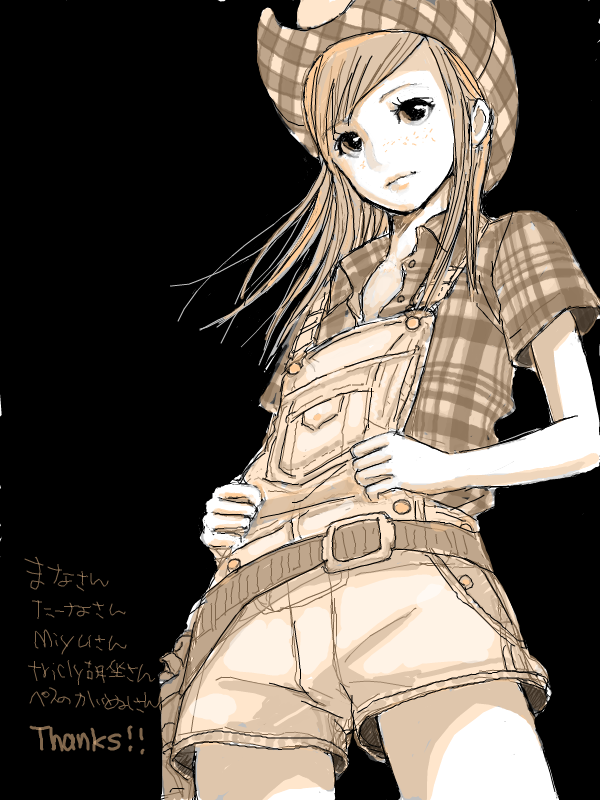 1girl bad_drawr_id bad_id bare_arms belt black_background black_eyes character_request closed_mouth copyright_request cowboy_hat cowboy_shot freckles hat kokudou_juunigou long_hair looking_at_viewer monochrome oekaki overalls plaid shirt shorts simple_background solo thank_you thighs translation_request
