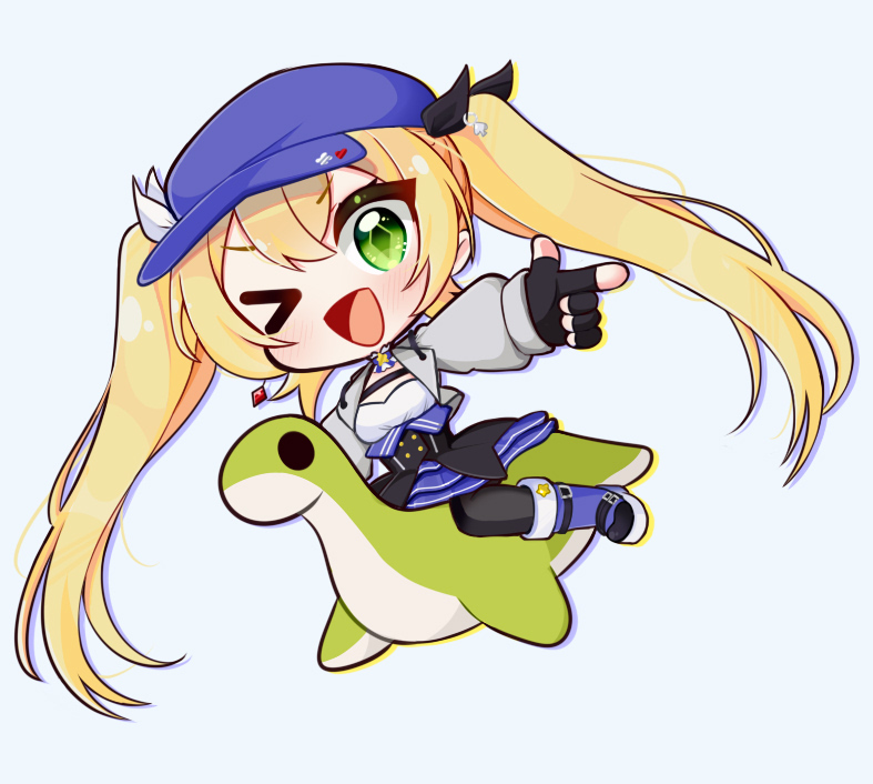 &gt;_o 1girl :d blonde_hair blue_dress blue_hat chibi cropped_jacket dokibird_(vtuber) dress etsuro finger_gun fingerless_gloves gloves green_eyes grey_jacket indie_virtual_youtuber jacket looking_at_viewer one_eye_closed open_clothes open_jacket open_mouth pantyhose riding smile twintails virtual_youtuber