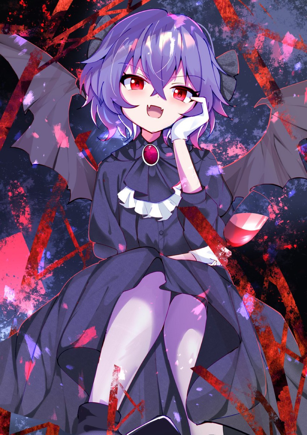 1girl :d alcohol alternate_color alternate_costume ascot bat_wings black_ascot black_shirt black_skirt blue_hair blush bright_pupils commentary crossed_bangs cup drinking_glass fangs feet_out_of_frame gem gloves hair_between_eyes hand_on_own_cheek hand_on_own_face highres holding holding_cup knees_together_feet_apart kyuu_cat long_sleeves looking_at_viewer no_headwear open_mouth puffy_long_sleeves puffy_sleeves red_eyes red_gemstone remilia_scarlet shirt short_hair simple_background sitting skin_fangs skirt smile smug solo touhou tsurime v-shaped_eyebrows white_gloves wine wine_glass wings