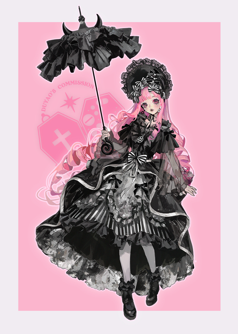 1girl black_dress black_footwear bonnet border dress drill_hair dywx_poison expressionless frilled_dress frills full_body goth_fashion gothic_lolita head_tilt highres holding holding_umbrella lolita_fashion long_hair looking_at_viewer makeup one_piece outline outside_border perona pink_background pink_hair red_lips shoes simple_background solo umbrella very_long_hair white_background white_border white_outline
