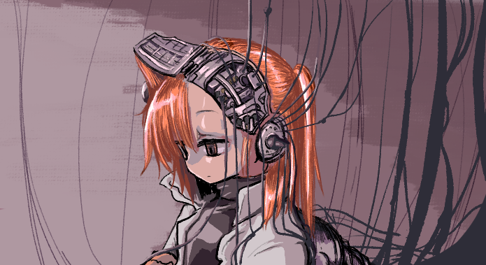 1girl a.i._voice adachi_rei android asymmetrical_bangs black_shirt blank_stare brown_background brown_eyes cable closed_mouth commentary_request expressionless half_updo jacket looking_down mechanical_parts medium_hair oekaki open_clothes open_jacket orange_hair popped_collar robot_ears shirt solo toushirou._(workr_tosiro) turtleneck turtleneck_shirt upper_body utau white_jacket