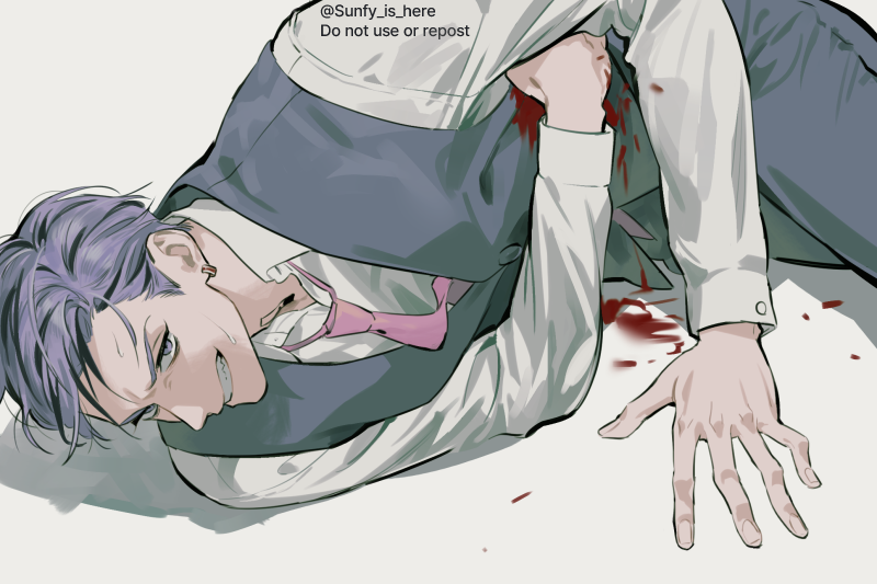 1boy bleeding blood blood_on_clothes blood_on_ground clenched_teeth ear_piercing frown glaring haitani_ran hand_on_ground injury looking_up lying male_focus multicolored_hair necktie on_side pain pants piercing pink_necktie purple_hair purple_pants purple_vest short_hair simple_background solo streaked_hair suit sweatdrop teeth tokyo_revengers upper_body vest violet_eyes yoursunfy