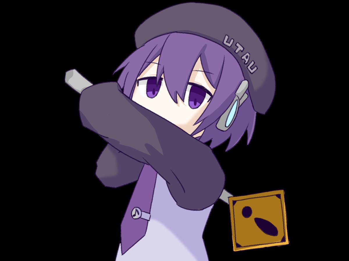 ! 1girl arms_up beret black_background black_beret black_hat black_sleeves commentary_request copyright_name covered_mouth eighth_note grey_shirt hair_between_eyes hat hngakimaranai holding long_sleeves looking_at_viewer musical_note necktie no_nose purple_hair purple_necktie road_sign shirt short_hair sign simple_background solo tie_clip upper_body utane_uta utau violet_eyes warning_sign