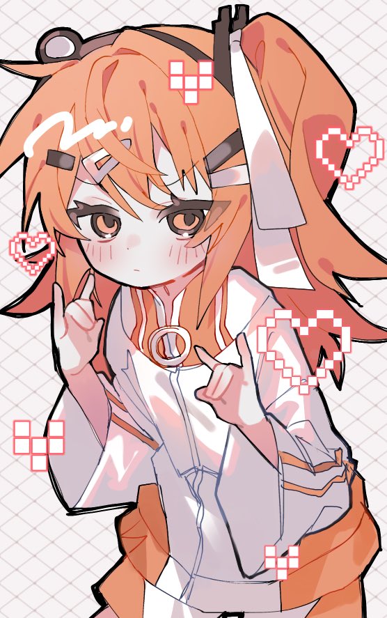 1girl a.i._voice adachi_rei alternate_costume blush closed_mouth fox_shadow_puppet grid_background hair_ornament hair_ribbon hairclip hands_up hashtag_only_commentary headlamp heart hisui_(_hisui_58) jacket long_hair long_sleeves looking_at_viewer one_side_up orange_eyes orange_hair ribbon solo upper_body utau white_jacket white_ribbon wide_sleeves zipper_pull_tab