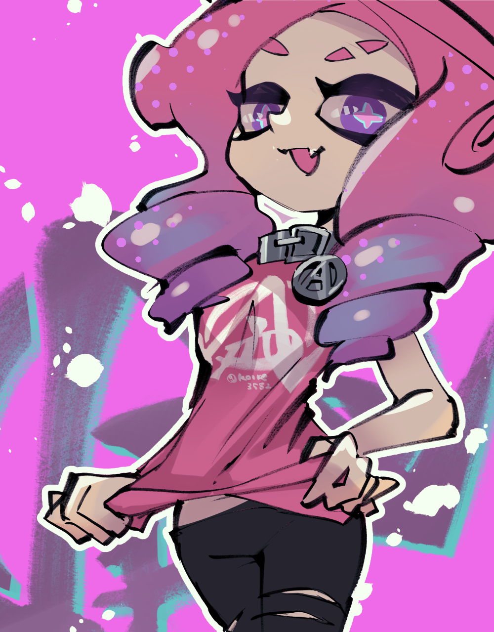 1girl :d clothes_pull cross-shaped_pupils eyebrow_cut fang highres koike3582 long_hair looking_at_viewer octoling octoling_girl octoling_player_character open_mouth outline pink_hair pink_pupils pink_shirt pulled_by_self shirt shirt_pull smile solo splatoon_(series) suction_cups symbol-shaped_pupils tentacle_hair twitter_username violet_eyes white_outline