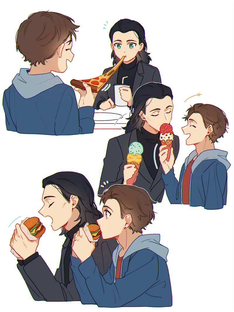 2boys animification back black_hair black_sweater blue_jacket brown_eyes brown_hair burger closed_eyes commentary cup disposable_cup drinking_straw eating fingernails food green_eyes grey_jacket hand_up hands_up holding holding_cup holding_food holding_ice_cream holding_pizza hood hooded_jacket ice_cream jacket lapels loki_(marvel) long_sleeves looking_at_another male_focus marvel marvel_cinematic_universe medium_hair multiple_boys murdermuffinloki open_clothes open_jacket open_mouth peter_parker pizza pizza_slice red_shirt shirt short_hair simple_background sitting smile sweater symbol-only_commentary t-shirt table turtleneck turtleneck_sweater white_background