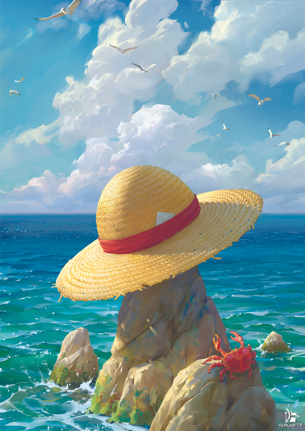 animal artist_name bird blue_sky brown_hat clouds cloudy_sky crab day grafit_studio hat highres horizon no_humans ocean one_piece outdoors paper seagull sky straw_hat sun_hat