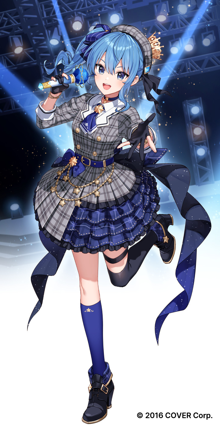 1girl asymmetrical_legwear black_choker black_footwear black_gloves black_thighhighs blue_eyes blue_hair blue_socks brooch choker commentary_request crown gloves grey_jacket grey_skirt highres holding holding_microphone hololive hoshimachi_suisei hoshimachi_suisei_(1st_costume) idol jacket jewelry microphone mini_crown nardack partially_fingerless_gloves plaid plaid_jacket plaid_skirt pleated_skirt side_ponytail skirt socks solo spotlight stage star_brooch thigh-highs