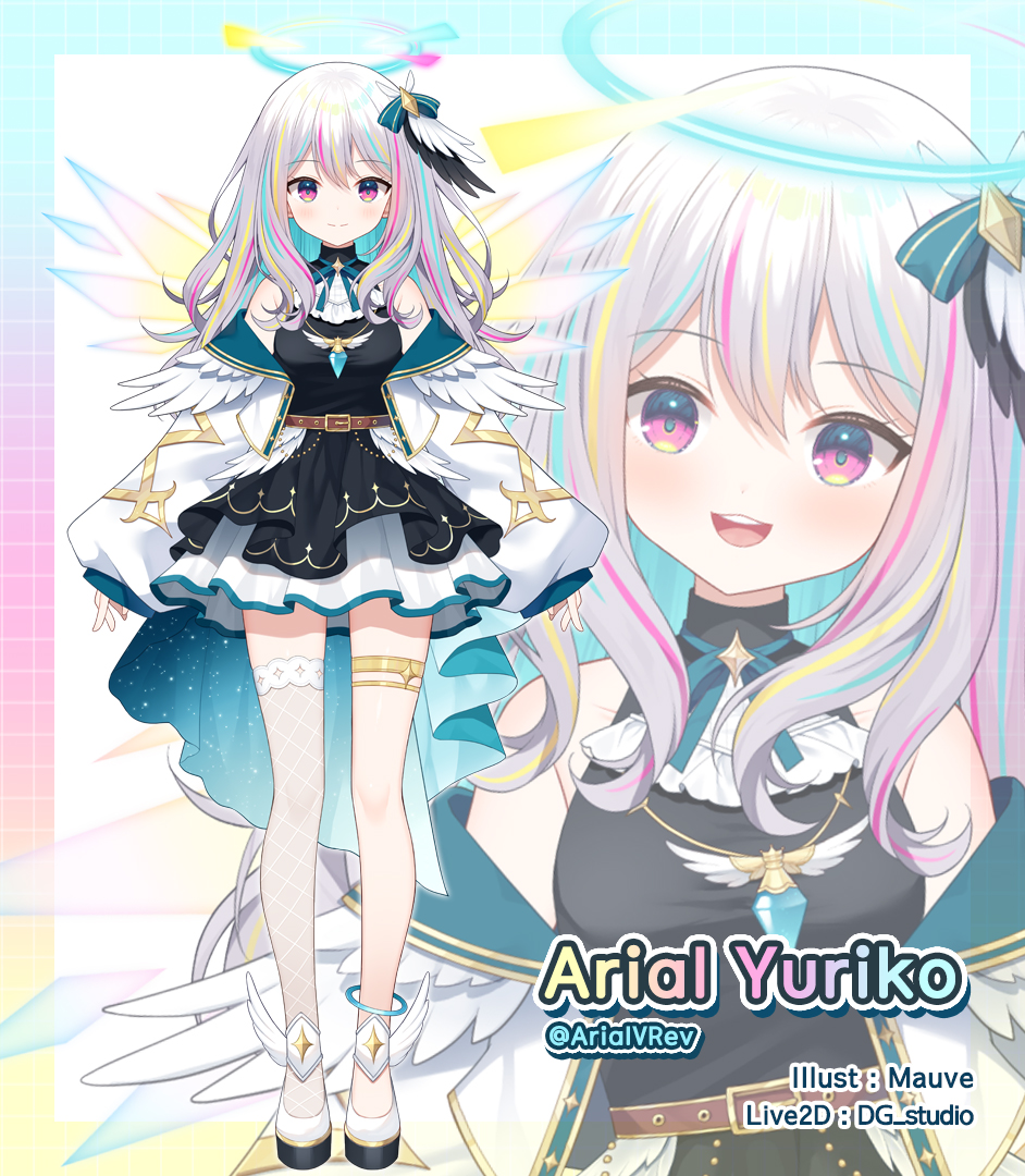 1girl :d artist_name bare_shoulders black_dress blonde_hair blue_hair blue_wings character_name closed_mouth commentary_request detached_wings dress gradient_wings grey_hair hair_between_eyes halo head_tilt jacket long_hair long_sleeves mauve multicolored_hair multicolored_wings multiple_views mythic_live off_shoulder open_clothes open_jacket puffy_long_sleeves puffy_sleeves purple_hair ryuushi_aria shoes single_thighhigh sleeveless sleeveless_dress sleeves_past_wrists smile streaked_hair teeth thigh-highs upper_teeth_only violet_eyes virtual_youtuber white_footwear white_jacket white_thighhighs wings yellow_wings