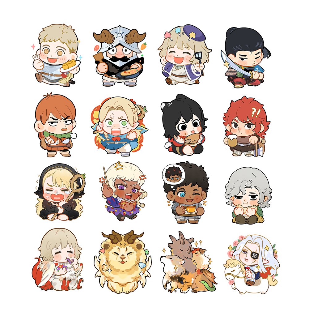 !? alcohol anger_vein beer blonde_hair blue_eyes bowl character_request chibi crying dungeon_meshi everyone eyepatch food green_eyes holding holding_spatula holding_sword holding_weapon horse laios_thorden motion_lines multiple_boys multiple_girls nanikoreee9 open_mouth orange_hair redhead senshi_(dungeon_meshi) simple_background sparkle spatula sword teeth violet_eyes weapon white_background white_hair