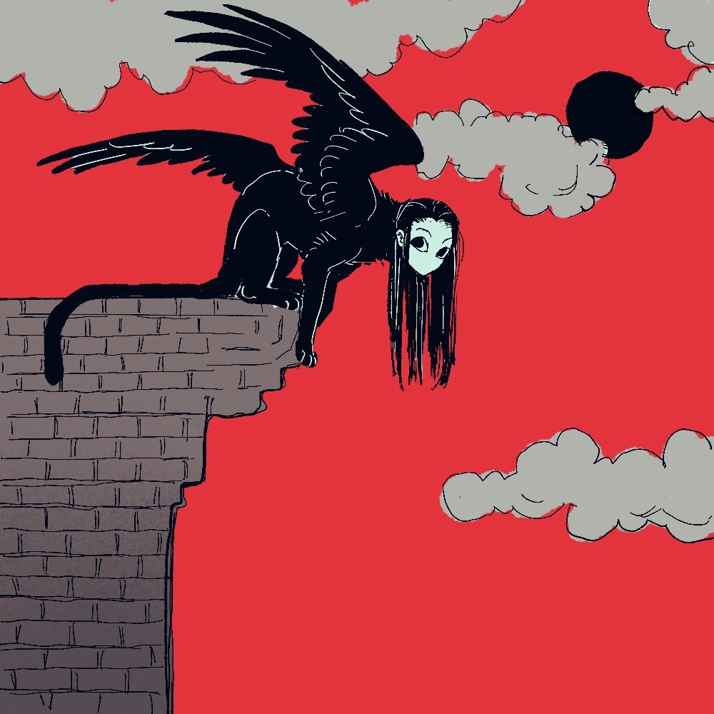 1boy black_eyes black_hair black_wings clouds egretfoooox feathered_wings full_body greyscale hunter_x_hunter illumi_zoldyck long_hair looking_at_viewer male_focus monochrome monster_boy monsterification outdoors red_background sitting sphinx sun tail tower wings