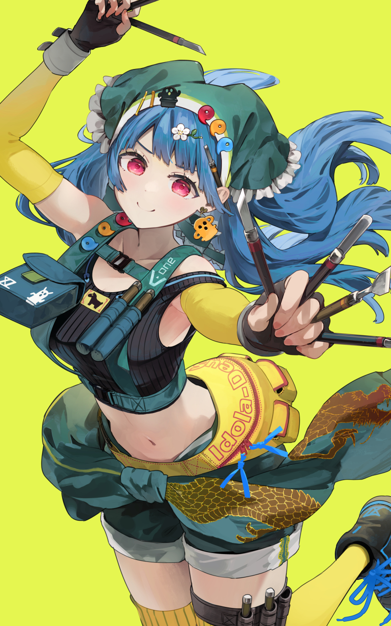 1girl alternate_costume black_gloves blue_hair blue_shorts fingerless_gloves flower gloves green_scarf hair_flower hair_ornament haniyasushin_keiki head_scarf highres jewelry long_hair looking_at_viewer magatama magatama_necklace midriff necklace red_eyes scarf shorts smile solo syuri22 touhou wood_carving_tool yellow_background