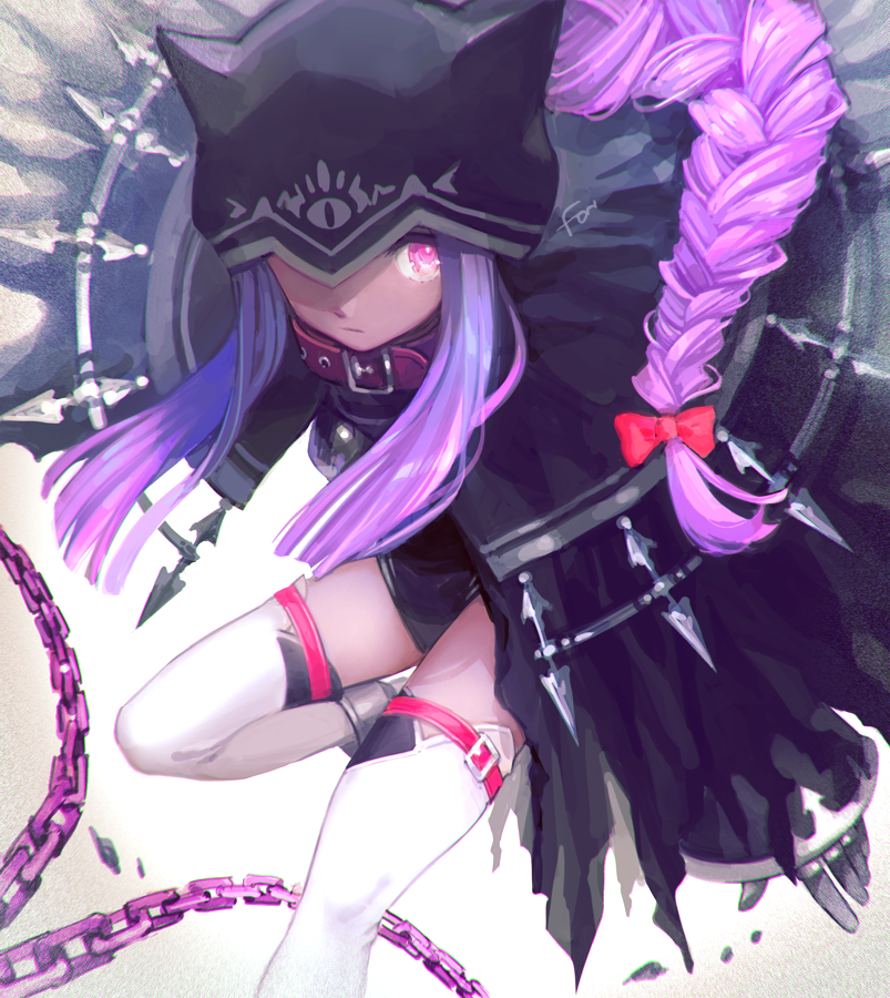 1girl animal_collar black_cape black_hat black_leotard bow braid cape chain closed_mouth collar fate/grand_order fate_(series) fon-due_(fonfon) hat_over_one_eye leotard long_sleeves looking_at_viewer medusa_(fate) medusa_(lancer)_(fate) pink_eyes purple_hair red_bow solo thigh-highs white_background white_thighhighs