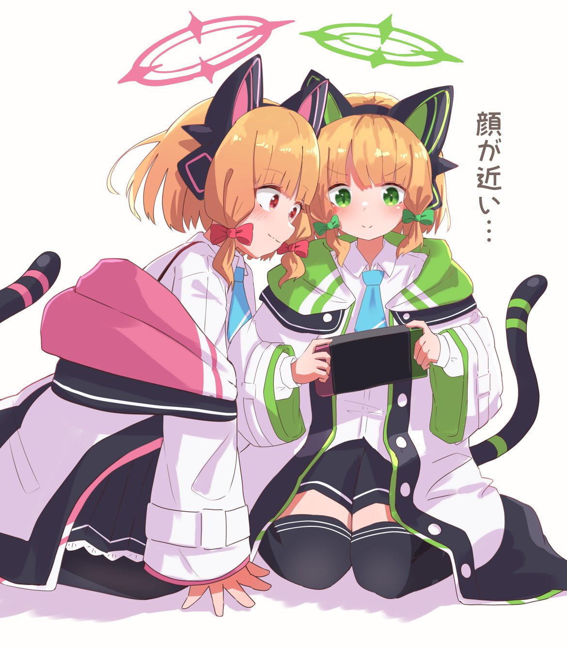 &gt;:) 2girls animal_ear_headphones animal_ears black_shorts black_skirt black_thighhighs blonde_hair blue_archive blue_necktie blush bow closed_mouth collared_shirt commentary_request fake_animal_ears green_bow green_eyes hair_bow halo headphones highres holding hood hood_down hooded_jacket jacket kotatsune long_sleeves midori_(blue_archive) momoi_(blue_archive) multiple_girls necktie nintendo_switch off_shoulder open_clothes open_jacket pleated_skirt puffy_long_sleeves puffy_sleeves red_bow red_eyes shadow shirt shorts siblings simple_background sisters skirt smile suspender_skirt suspenders tail thigh-highs translation_request twins v-shaped_eyebrows white_background white_jacket white_shirt wide_sleeves