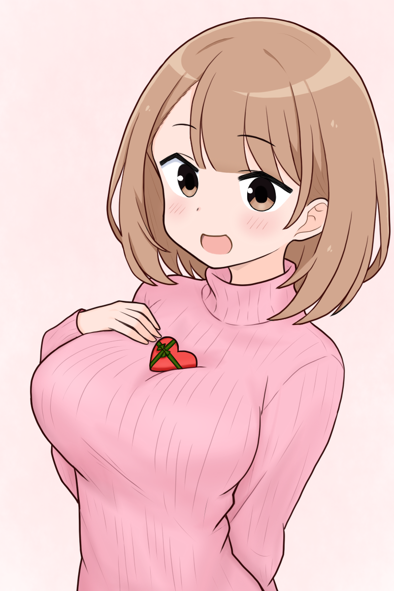 1girl arm_behind_back atsumare!_fushigi_kenkyuubu bob_cut box breasts brown_eyes brown_hair gift hand_on_own_chest heart-shaped_box highres kasugano_asahi_(fushigi_kenkyuubu) large_breasts long_sleeves looking_at_viewer medium_hair object_on_breast open_mouth pink_background pink_sweater pmvoid ribbed_sweater simple_background smile solo sweater turtleneck turtleneck_sweater upper_body valentine