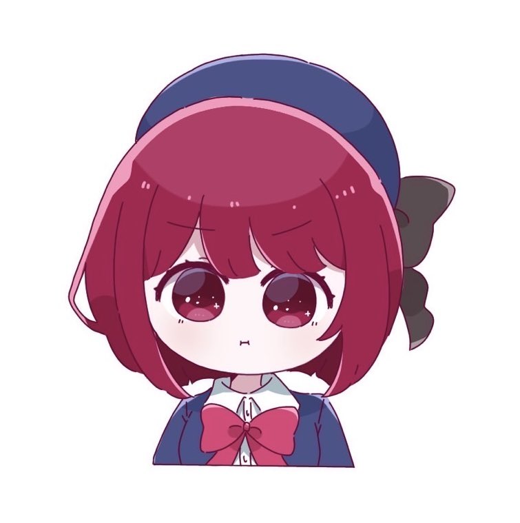 1girl arima_kana beret black_bow blue_hat blue_jacket bob_cut bow bowtie chibi closed_mouth collared_shirt commentary_request cropped_torso dress_shirt hat hat_bow jacket no_pupils oan_(o_annn) oshi_no_ko pout red_bow red_bowtie red_eyes redhead school_uniform shirt short_hair simple_background solo upper_body white_background white_shirt youtou_high_school_uniform