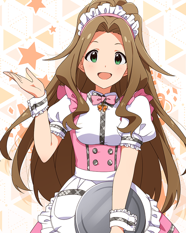1girl :d apron bow bowtie breasts brown_hair butterfly_ornament cowboy_shot curly_sidelocks dot_nose dress eyelashes flipped_hair frilled_apron frilled_skirt frills green_eyes hair_over_shoulder hand_up high_ponytail holding holding_tray idolmaster idolmaster_million_live! idolmaster_million_live!_theater_days long_hair maid_headdress medium_breasts nikaidou_chizuru official_alternate_costume official_art open_hand open_mouth pink_bow pink_bowtie pink_dress pretty_waitress_(idolmaster) puffy_short_sleeves puffy_sleeves shirt short_sleeves sidelocks skirt smile solo standing starry_background straight-on thigh-highs tray upper_body very_long_hair waist_apron waitress white_apron white_shirt white_thighhighs wrist_cuffs
