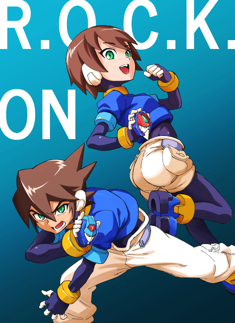 1boy 1girl aile_(mega_man_zx) ass biometal black_background black_bodysuit blue_background blue_jacket bodysuit bodysuit_under_clothes brown_hair clenched_hand demi_(pixiv22036971) english_text from_behind gradient_background green_eyes holding jacket looking_at_viewer looking_back mega_man_(series) mega_man_zx model_x_(mega_man) model_zx_(mega_man) pants posing short_hair shorts spiky_hair vent_(mega_man) white_pants white_shorts