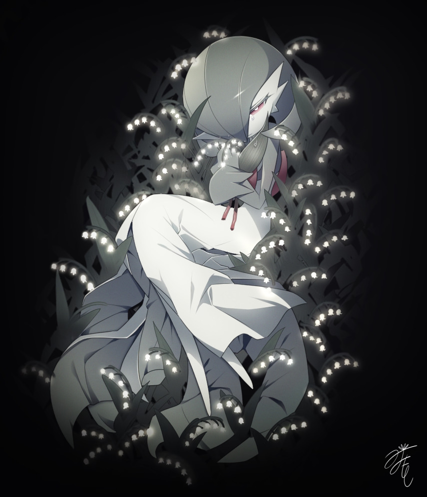 black_background colored_skin curled_up dress flower gardevoir green_hair hair_over_one_eye lotosu multicolored_skin pink_eyes pokemon pokemon_(creature) signature simple_background tears two-tone_skin white_dress white_skin