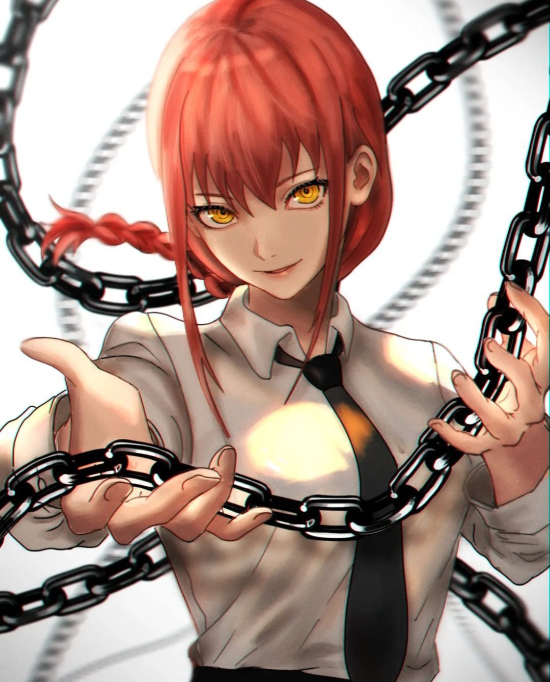 1girl black_necktie black_pants braid chain chainsaw_man collared_shirt formal highres hikarilux holding holding_chain looking_at_viewer makima_(chainsaw_man) necktie office_lady pants redhead shirt simple_background solo suit white_background yellow_eyes