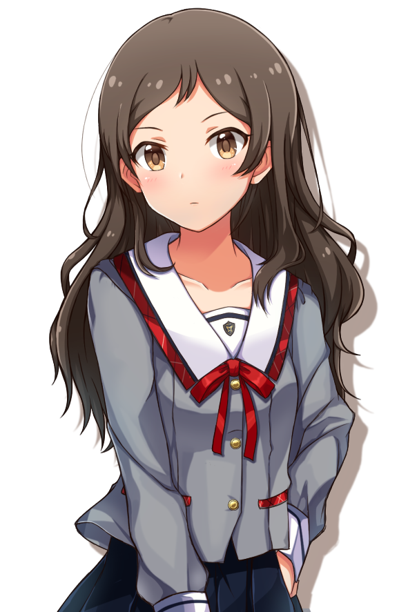 black_hair black_skirt blush breasts buttons closed_mouth collar collarbone commentary_request cowboy_shot dot_nose eyelashes grey_serafuku grey_shirt hand_on_own_hip idolmaster idolmaster_million_live! idolmaster_million_live!_theater_days junior_high_schoolmate_(idolmaster) kitazawa_shiho long_hair long_sleeves looking_at_viewer naruse_nagi neck_ribbon official_alternate_costume parted_bangs plaid_collar pleated_skirt red_ribbon ribbon school_uniform serafuku shirt sidelocks simple_background skirt small_breasts straight-on straight_hair wavy_hair white_background white_collar yellow_eyes