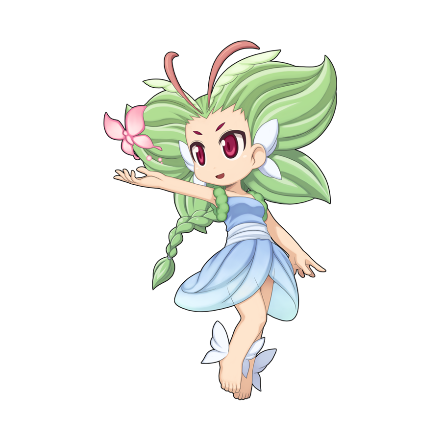 1girl antennae bangs_blown_up barefoot blue_dress braid braided_ponytail breasts bug butterfly chibi dress eira_(ragnarok_online) feet_wings full_body green_hair long_hair looking_afar looking_to_the_side official_art open_mouth pink_butterfly ragnarok_online red_eyes simple_background single_braid small_breasts smile solo strapless strapless_dress thick_eyebrows transparent_background white_wings wings yuichirou