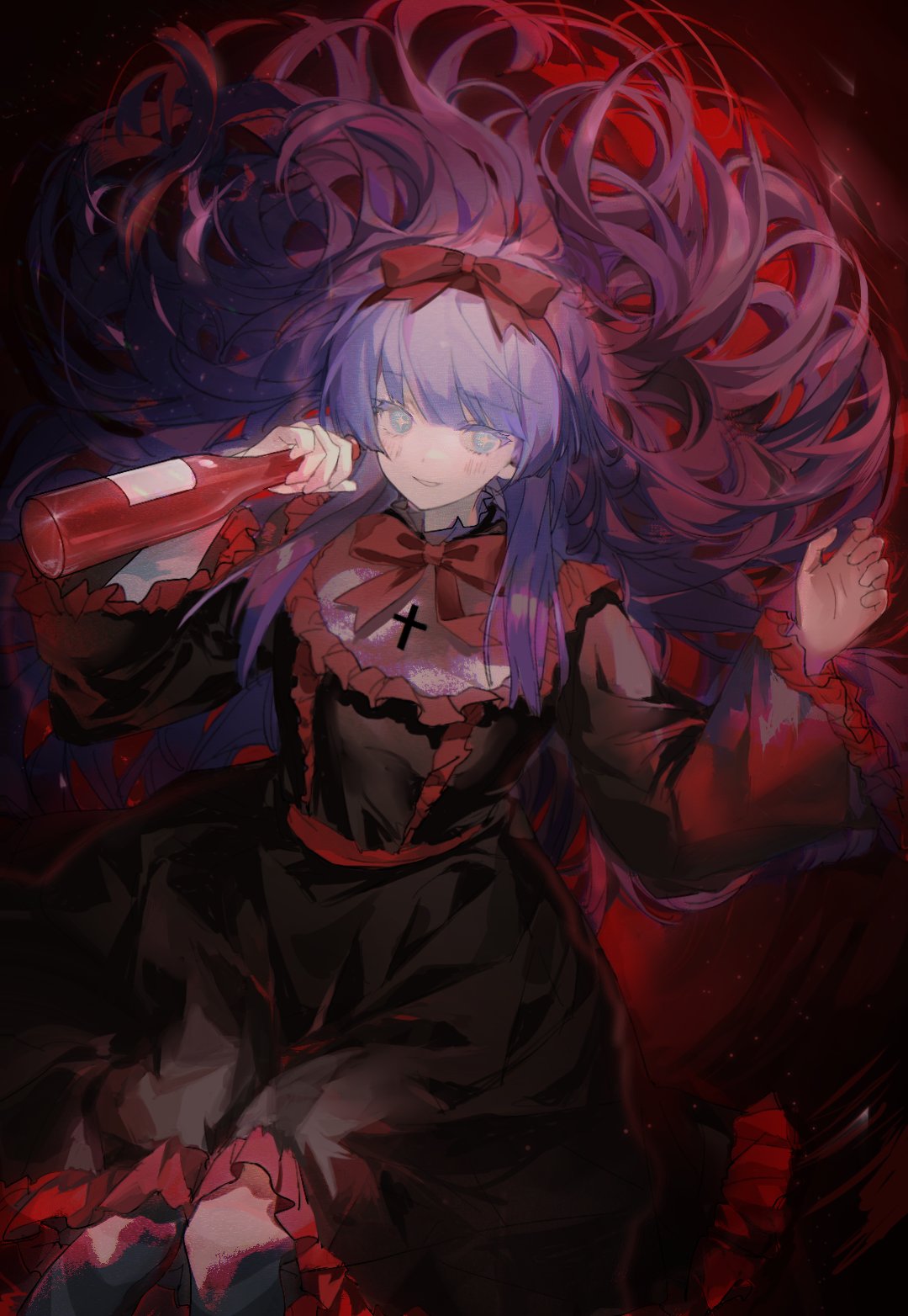 1girl black_dress black_souls blue_eyes blue_hair bottle bow bowtie dress floating_hair frilled_dress frilled_sleeves frills gothic_lolita hands_up highres holding holding_bottle lolita_fashion long_hair long_sleeves looking_at_viewer mabel_(black_souls) red_bow red_bowtie sidelocks smile solo sys_0311 very_long_hair wine_bottle