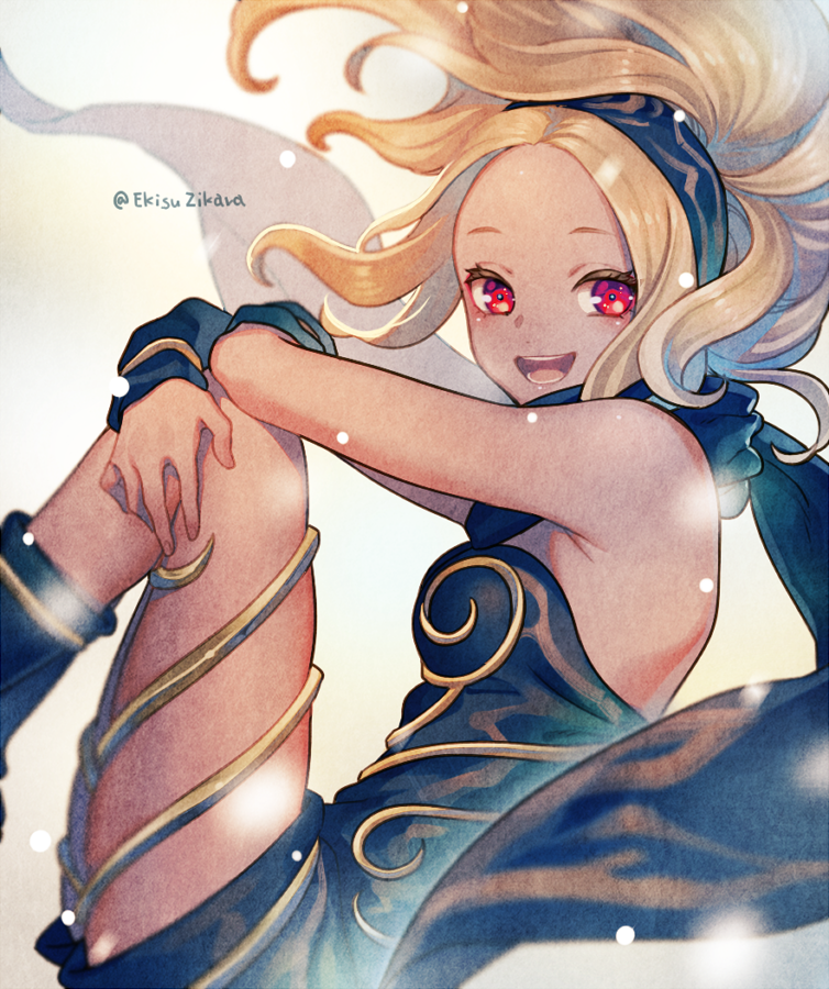 1girl armpit_crease arms_on_knees artist_name asatori_(ekisuzikara) bare_shoulders black_footwear black_headband black_scarf blonde_hair blush bodysuit breasts commentary_request dark_skin detached_sleeves flying from_side gold_trim gradient_background gravity_daze headband kitten_(gravity_daze) knees_up light_particles long_hair looking_at_viewer medium_breasts open_mouth red_eyes scarf smile solo teeth tongue