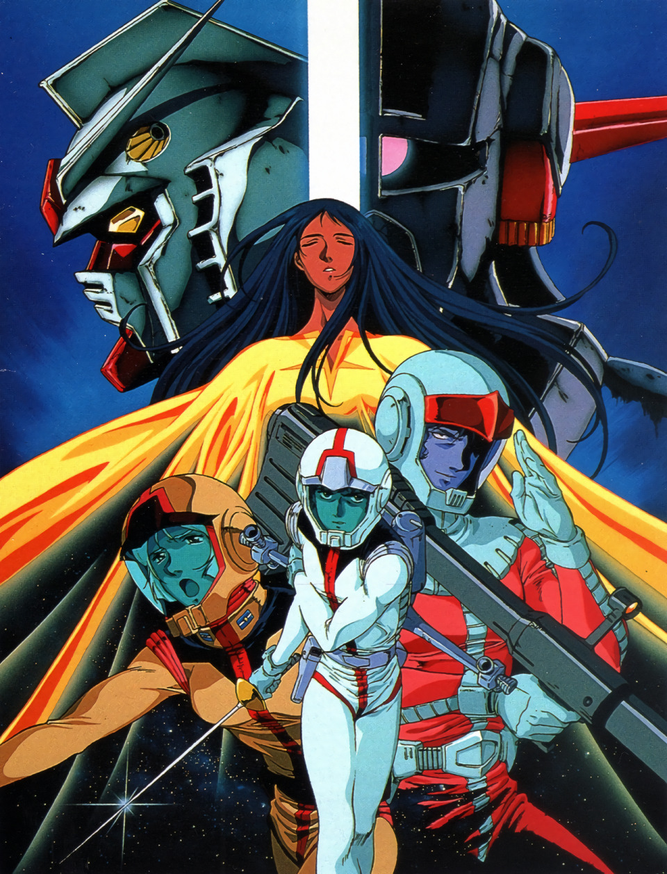 1990s_(style) 1999 aged_up amuro_ray animedia artist_request bazooka_(gundam) char_aznable closed_eyes damaged dark_skin dirty dress earth_federation gloves gundam helmet highres holding_own_arm injury lalah_sune long_hair magazine_scan mecha mobile_armor mobile_suit mobile_suit_gundam official_art pilot_suit promotional_art retro_artstyle robot rx-78-2 salute sayla_mass scan science_fiction space spacesuit spoilers starry_background sword traditional_media upper_body v-fin weapon zeon zeong