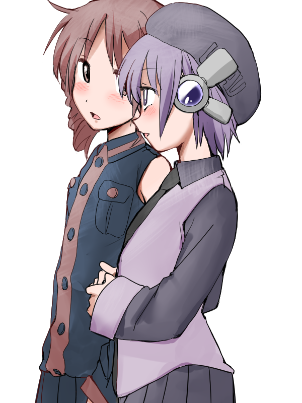 2girls beret black_hat black_necktie black_shirt black_skirt collared_shirt cowboy_shot eichi1219 from_side hat kasane_teto locked_arms looking_at_another multiple_girls necktie open_mouth own_hands_clasped own_hands_together pleated_skirt profile purple_hair purple_vest redhead robot_ears shirt short_hair side-by-side simple_background skirt sleeveless sleeveless_shirt standing utane_uta utau vest violet_eyes white_background yuri