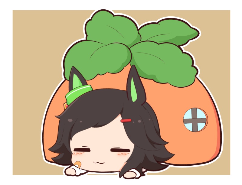 1girl :3 =_= animal_ears bandaid bandaid_on_cheek bandaid_on_face black_hair blush_stickers brown_background chibi closed_eyes closed_mouth facing_viewer gomashio_(goma_feet) hair_ornament hairclip horse_ears long_sleeves lying on_stomach outline shirt solo swept_bangs two-tone_background umamusume white_background white_outline white_shirt winning_ticket_(umamusume)