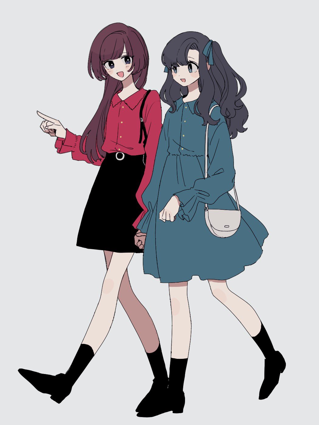 2girls bag black_hair blush_stickers brown_hair collared_dress collared_shirt dress full_body hair_ribbon highres holding_hands loafers long_hair long_sleeves looking_at_another maco22 multiple_girls open_mouth original pointing ribbon shirt shoes shoulder_bag skirt smile socks suspender_skirt suspenders two_side_up walking
