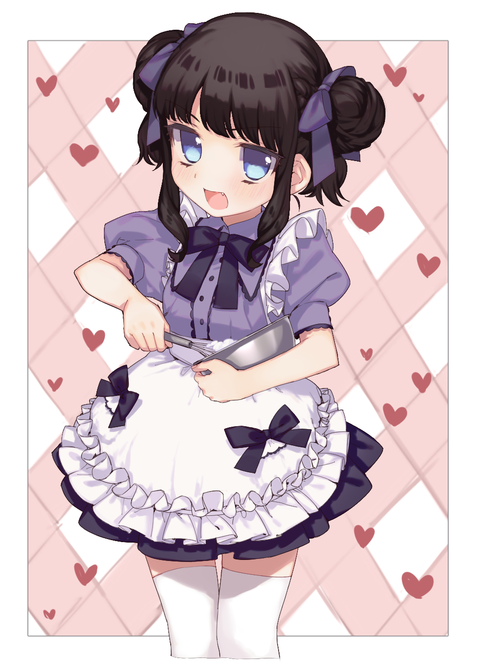 1girl :d apron bad_id bad_pixiv_id black_hair black_ribbon black_skirt blue_eyes border bowl cowboy_shot cropped_legs double_bun fang frilled_apron frills hair_bun heath_(artist) highres holding holding_bowl holding_whisk kurosu_aroma looking_at_viewer neck_ribbon open_mouth pretty_series pripara puffy_short_sleeves puffy_sleeves purple_ribbon purple_shirt ribbon shirt short_sleeves skirt smile solo standing thigh-highs whisk white_apron white_border white_thighhighs