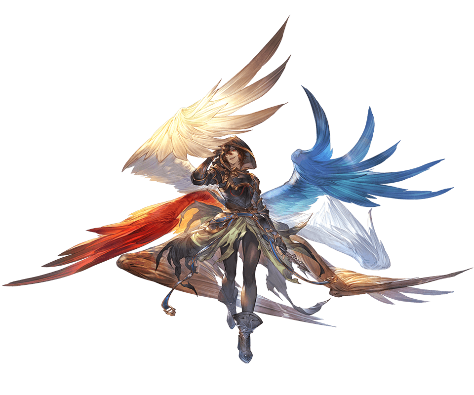 1boy ahoge arm_up armor belt bishounen black_pants blue_wings boots breastplate brown_hair brown_wings cape crazy_smile downscaled evil_grin evil_smile full_body granblue_fantasy green_cape grin hair_between_eyes holding holding_weapon hood hood_up minaba_hideo multiple_wings official_art pants red_eyes red_wings resized sandalphon_(granblue_fantasy) smile solo_focus tachi-e teeth upper_teeth_only weapon white_wings wings yandere