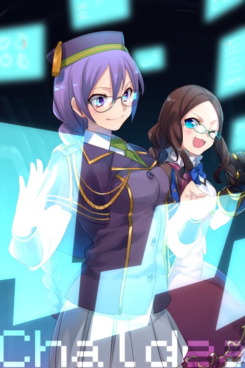 2girls aiguillette atlas_academy_school_uniform black_bow blue_eyes blue_gloves blush bow breasts brown_dress brown_hair capelet collared_shirt dress echo_(circa) fate/grand_order fate_(series) forehead gauntlets glasses gloves gold_trim green_necktie hair_bow holographic_monitor leonardo_da_vinci_(fate) leonardo_da_vinci_(rider)_(fate) long_hair looking_at_viewer medium_breasts multiple_girls necktie one_eye_closed open_mouth parted_bangs pleated_skirt ponytail puff_and_slash_sleeves puffy_short_sleeves puffy_sleeves purple_capelet purple_hair purple_hat purple_vest red_skirt school_uniform shirt short_sleeves single_gauntlet sion_eltnam_sokaris skirt small_breasts smile tassel vest violet_eyes white_shirt white_skirt