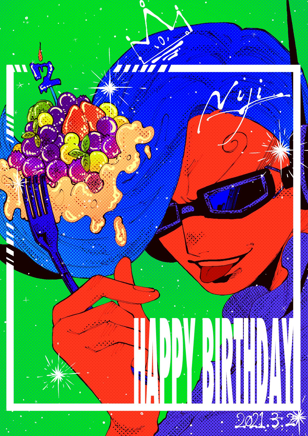 1boy blue_hair character_name commentary_request curly_eyebrows dated english_text food fork fruit goggles happy_birthday highres holding holding_fork larugo0513 male_focus one_piece open_mouth pompadour short_hair smile solo teeth tongue tongue_out vinsmoke_niji